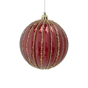 61063 8cm Glitter Stripe Pumpkin Bauble Deep Red
