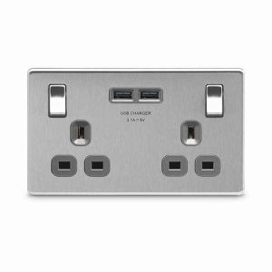 BG Flatplate Switched Socket + USB Brushed Steel 2 Gang