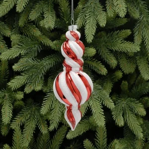 P030097 Festive 18cm candy cane stripe glass wide finial