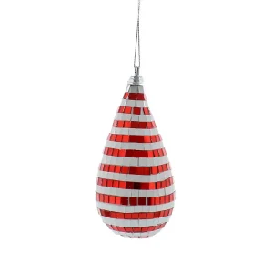 P030626 Festive 9cm red and white stripe mirror teardrop